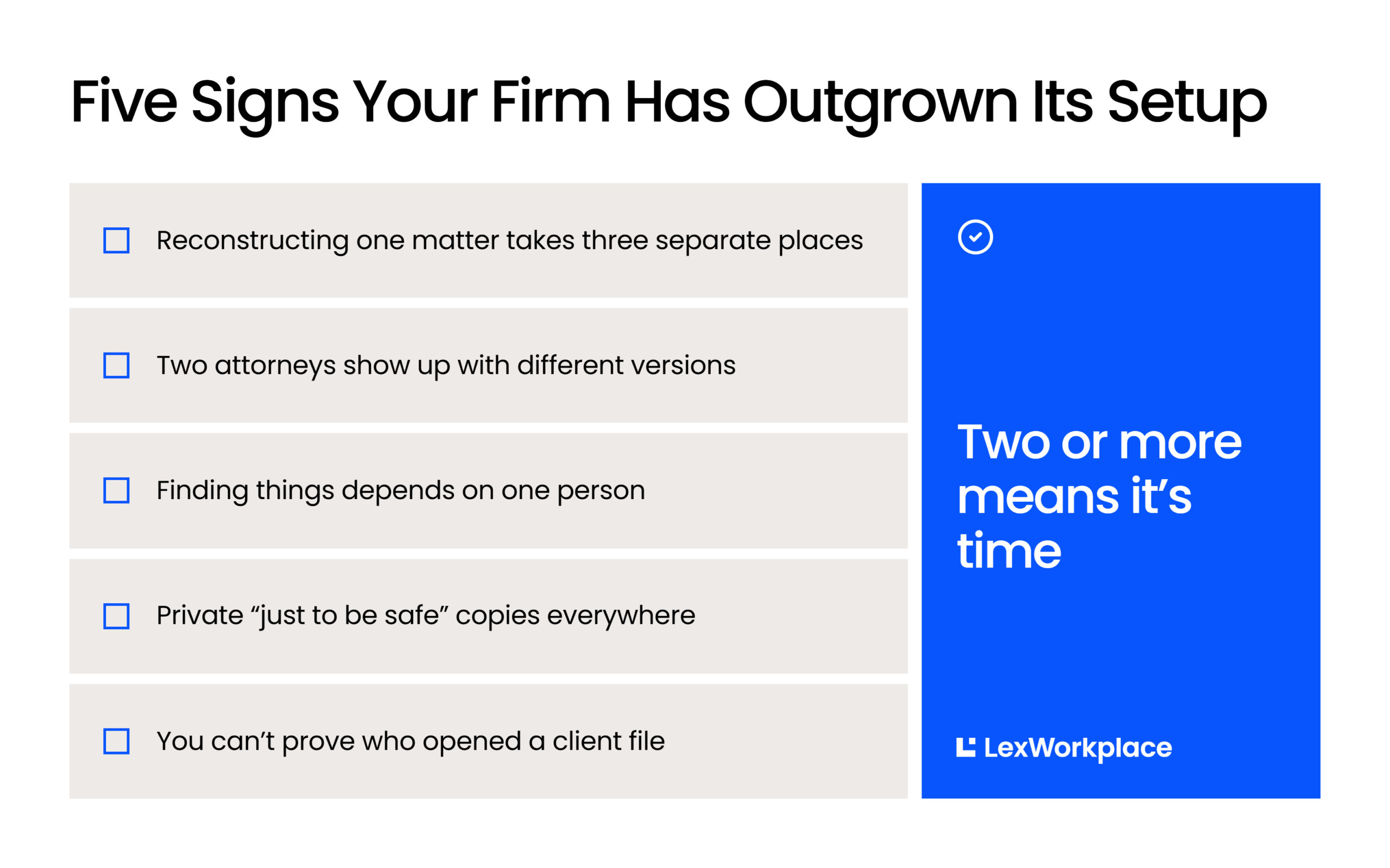 Five Signs Your Firm Has Outgrown Its Setup Checklist of five signs a law firm has outgrown its current document setup.