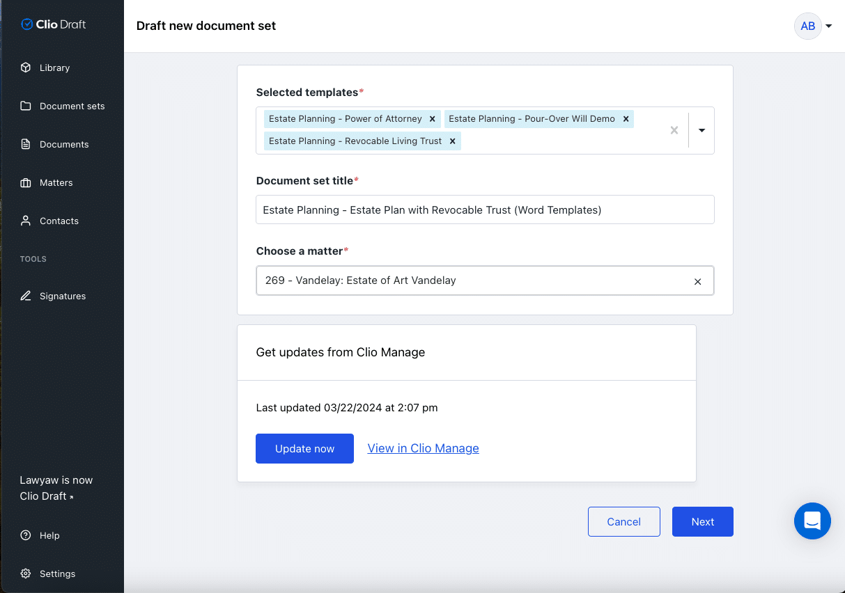 Draft-new-document-set-clio-draft Clio Draft interface showing a new legal document set being created