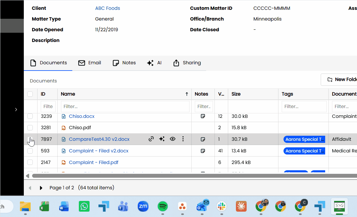A gif that displays the filesharing feature of the LexWorkplace document management software.