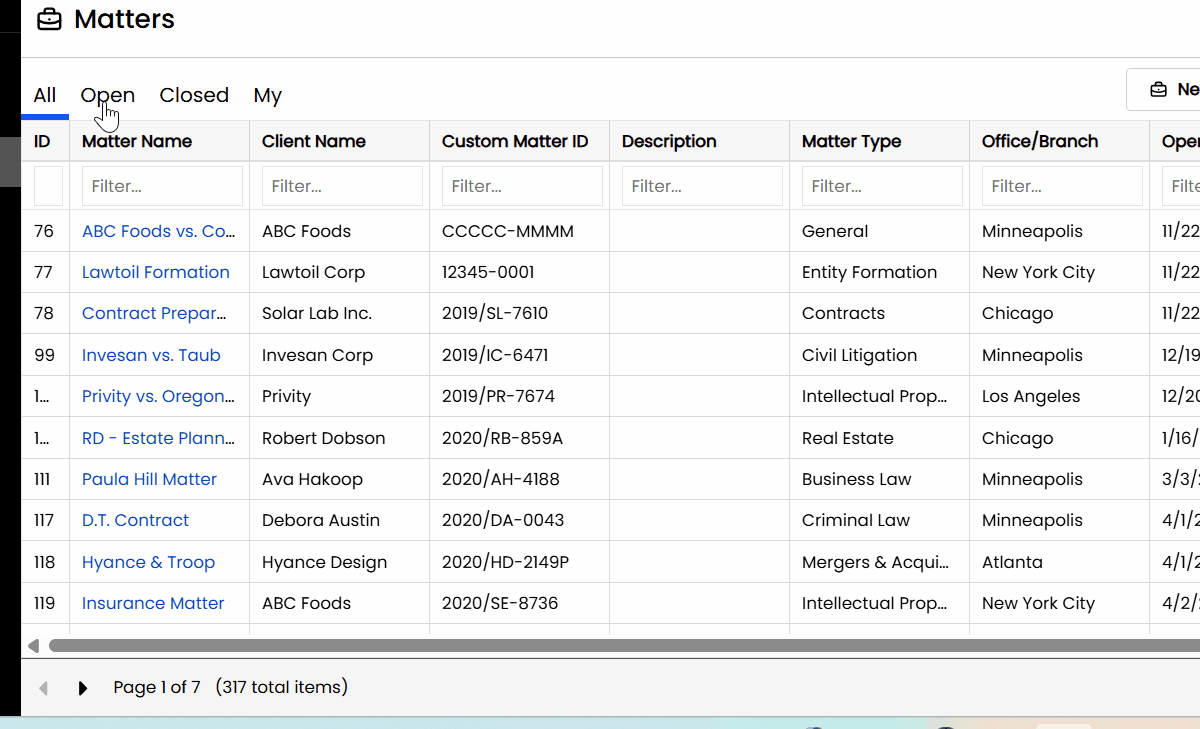 LexWorkplace Matter Exploration A gif that explores the matters within LexWorkplace document management software.