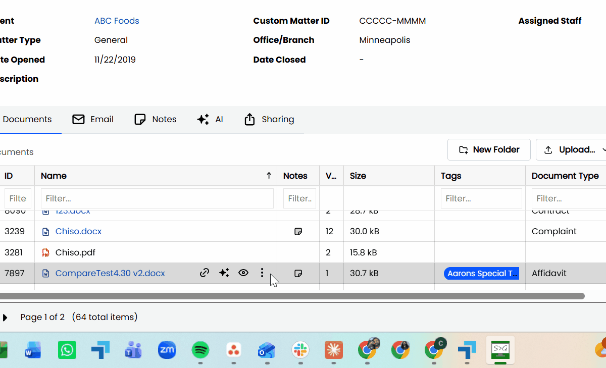 LexWorkplace Document Properties from Matter Screen A gif that displays the document properties feature, from the matter screen, of the LexWorkplace document management software.