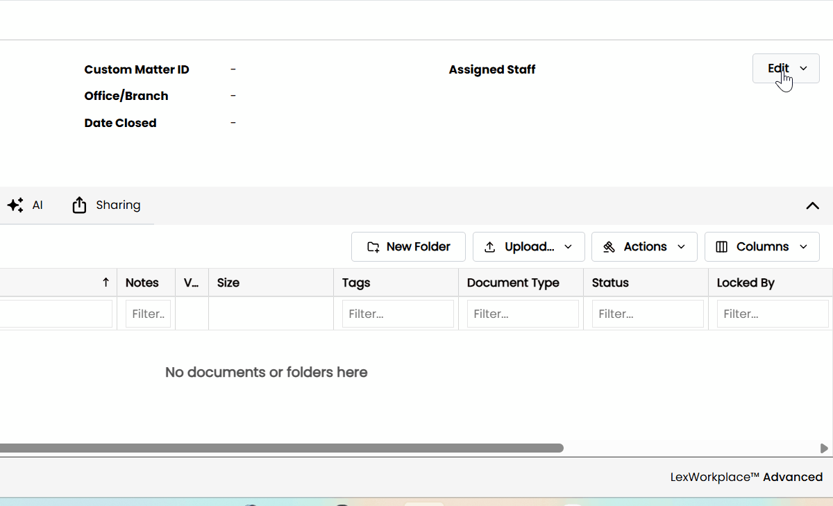 LexWorkplace Matter Permissions A gif that displays the matter permissions feature of the LexWorkplace document management software.