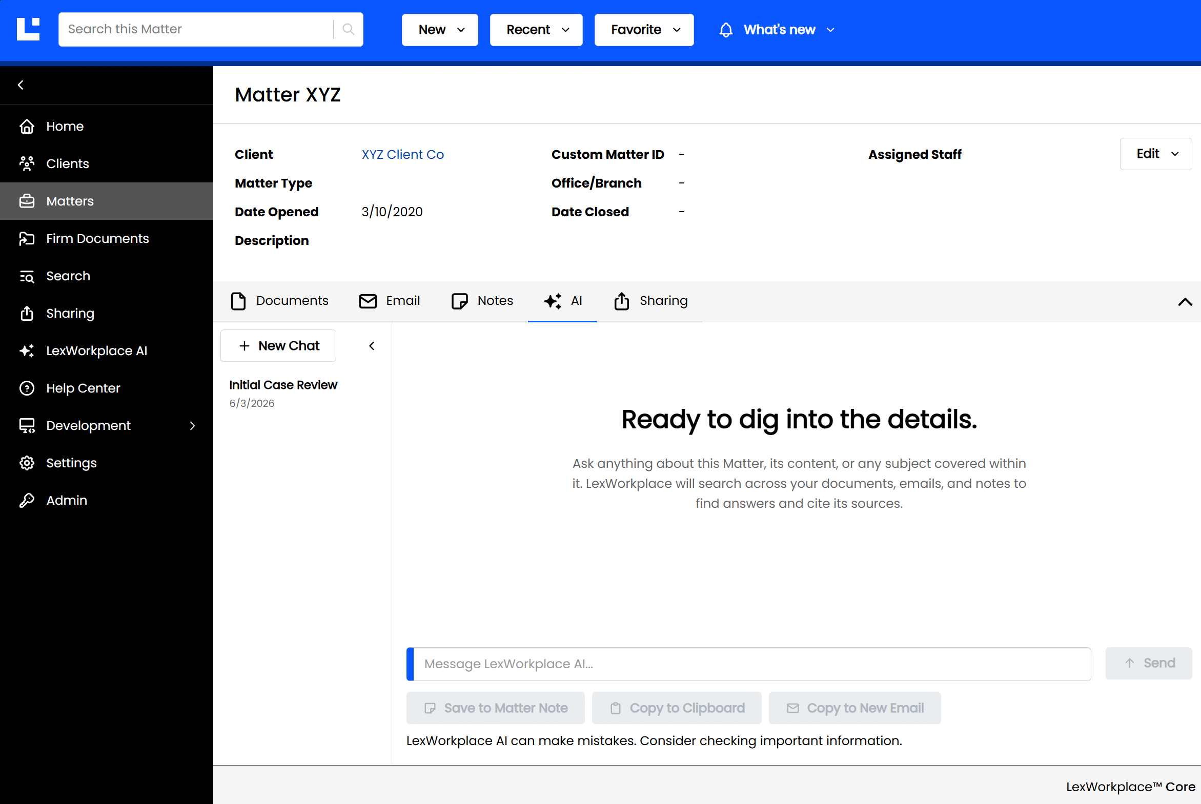 screenshot of matter ai within lexworkplace, a feature that allows law firms to utilize ai for searching, summarizing, and more within the DMS.