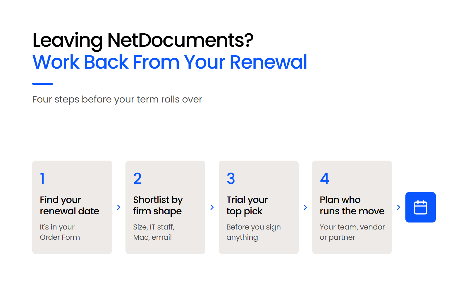 Leaving NetDocuments – Work Back From Your Renewal Four steps for leaving NetDocuments before renewal: find the renewal date, shortlist, trial, plan the migration